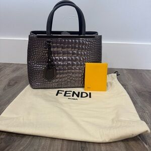Fendi Silver/Brown Croc Embossed Patent Leather Small 2Jours Tote